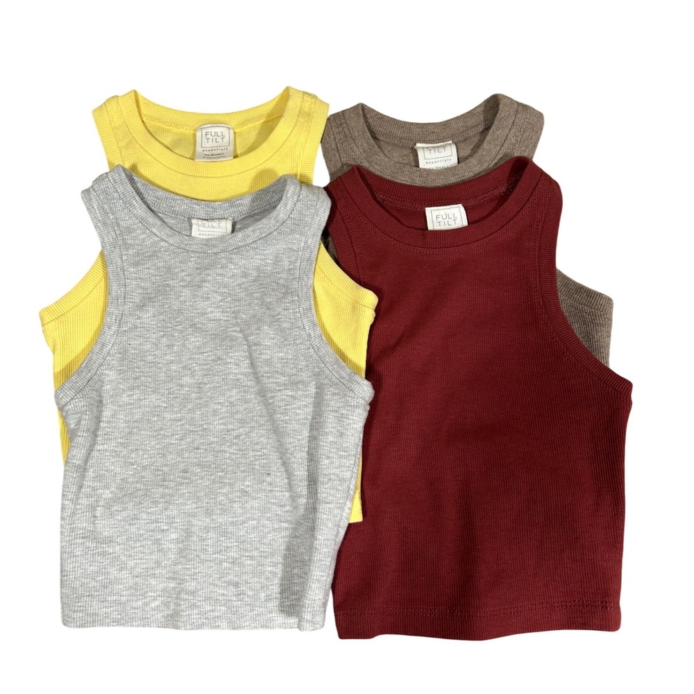 FULL TILT Essentials Ribbed Tank Tops XXS 4‎ Pack Yellow Grey Burgundy Brown